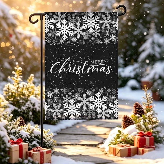 Merry Christmas Garden Flag 12x18 inch Winter Snowflakes Retro White Black Double Sided Small Decorative Garden Flags for Outside, Outdoor Yard Porch Lawn Decoration