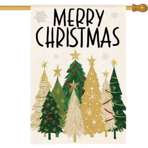 Merry Christmas Garden Flag 28x40 Inch Double Sided Outside, Christmas Trees Winter Holiday Yard Outdoor Flag Green