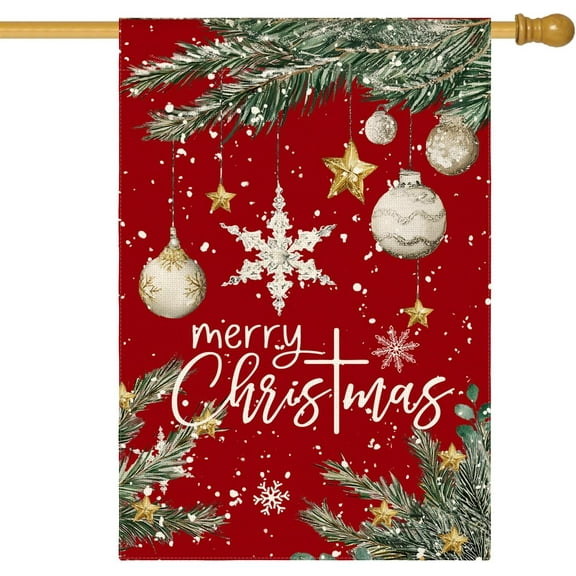 Merry Christmas Garden Flag 28x40 Inch Double Sided Outside, Ornament Baubles Winter Holiday Yard Outdoor Flag Red