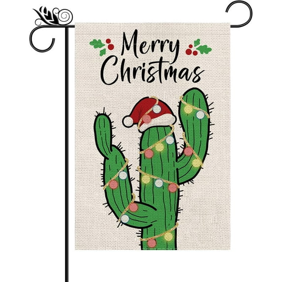 Merry Christmas Garden Flag Cactus Santa Hat Burlap Flag Outdoor Decoration Winter Xmas Yard Lawn Decor 12.5x18