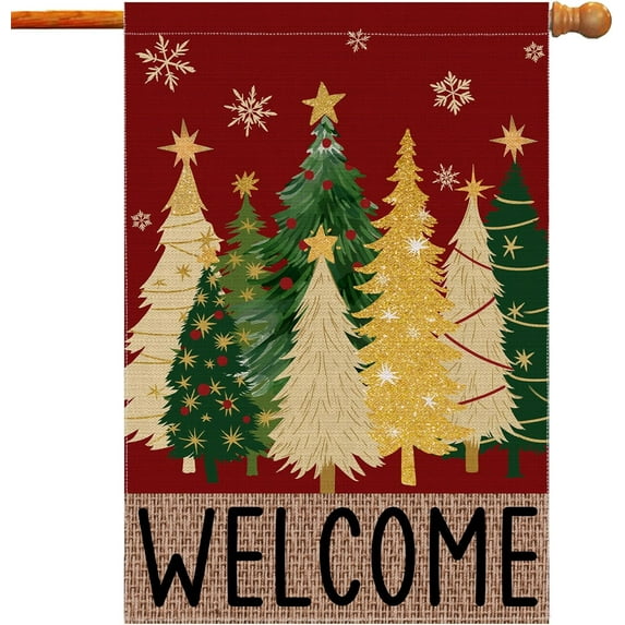 Merry Christmas Garden Flag, Christmas Trees Yard Flag 12x18 Double Sided Red Outdoor Decorations, Winter Trees Holiday Decor Welcome Burlap Garden Flag Rustic Outdoor Farmhouse Xmas for Porch Yard