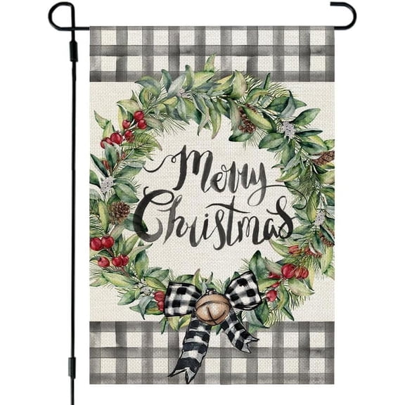 Merry Christmas Garden Flag Wreath Bow Garden Flag 12.5x18, Home Outdoor Garden Winter Christmas Garden Flag Decoration -A