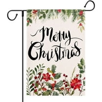 Merry Christmas Garden Flags 12.5x18 Double Sided Christmas Holly Poinsettia Foliage Yard Flag Burlap Farmhouse Welcome Decorative Flags for Outside Outdoor Lawn Xmas Decoration