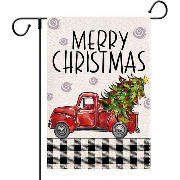 Merry Christmas Garden Flags 12.5x18 Double Sided Chritams Tree Yard Flag Buffalo Plaid Burlap Farmhouse Welcome Decorative Flags for Outside Outdoor Lawn Xmas Decoration