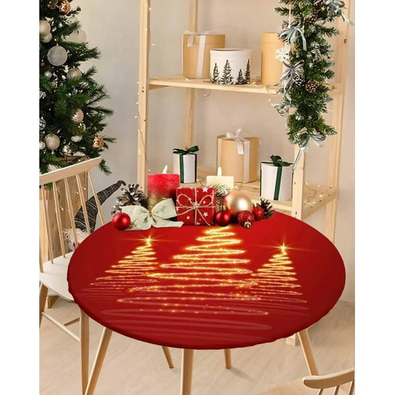 Merry Christmas Garland Round Fitted Tablecloth with Elastic Edged Golden Xmas Tree Decorative Kitchen Dining Table Cloth Cover