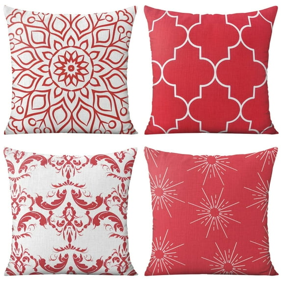 Merry Christmas Geometric Pattern Christmas Red Decor Throw Pillow Covers Geometric Pattern Christmas Red Decor Couch Pillows 20"x20" Set Of 4, Rustic Linen Study Sofa Cushion Cover