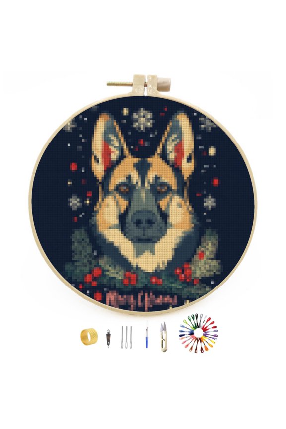 Merry Christmas German Shepherd Dog DIY Stamped Cross Stitch Kits Easy for Beginners with Hoop 11CT Counted Embroidery Needlepoint Crafts Arts for Handmade Enthusiasts and Home Decor 30x30cm(10)
