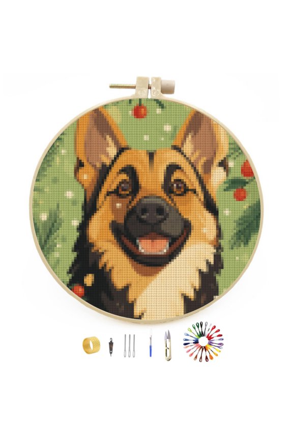 Merry Christmas German Shepherd Dog DIY Stamped Cross Stitch Kits Easy for Beginners with Hoop 11CT Counted Embroidery Needlepoint Crafts Arts for Handmade Enthusiasts and Home Decor 30x30cm(12)