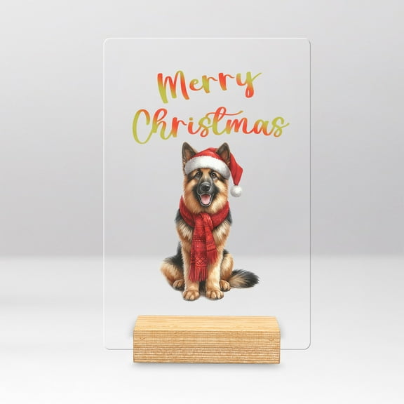 Merry Christmas German Shepherd Enjoys Woofmas Winter Xmas Holiday Acrylic Plaque Sign Ashwood Base Alsatian Dog Lover Gifts Home Desk Decor - 02022
