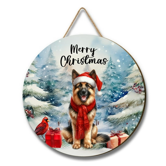 Merry Christmas German Shepherd Enjoys Woofmas Winter Xmas Holiday Round Wood Sign Alsatian Dog Lover Gifts Hanging Wall Home Decor - 02022