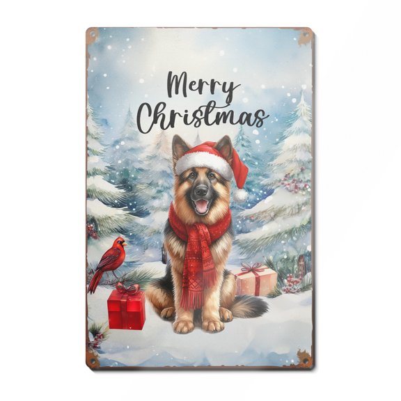 Merry Christmas German Shepherd Enjoys Woofmas Winter Xmas Holiday Vertical Metal Aluminum Sign Alsatian Dog Lover Gifts Wall Art Home Decor - 02022