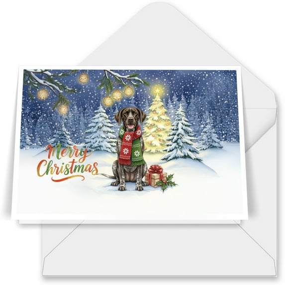 Merry Christmas German Shorthaired Pointer Snowy Winter with Tree Decorations 7x5in Folded Greeting Card GSP Lover Dog Gift Single Note Card with Envelope - 12020