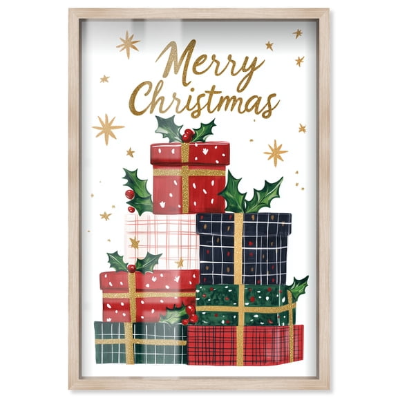 Merry Christmas Gift I Shadowbox Print Christmas Wall Decor by Art Remedy, Blonde Frame, 21 x 31