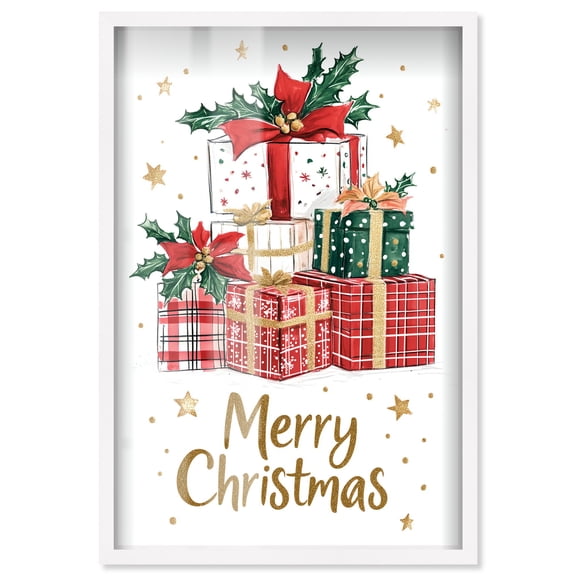 Merry Christmas Gift II Shadowbox Print Christmas Wall Decor by Art Remedy, White Frame, 21 x 31