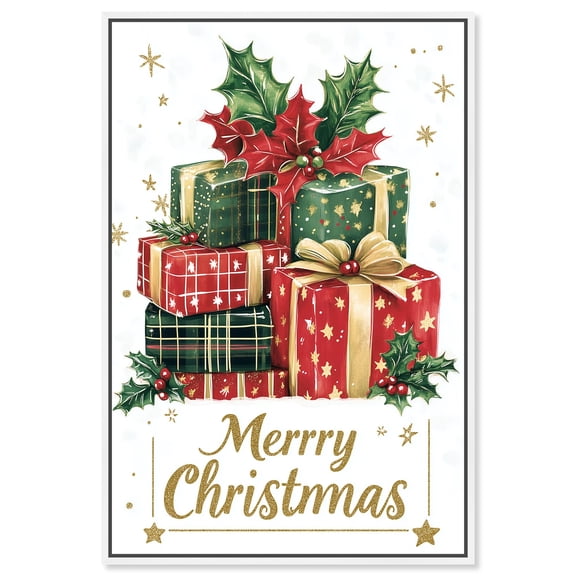 Merry Christmas Gift III Canvas Print Christmas Wall Decor by Art Remedy, White Frame, 10 x 15