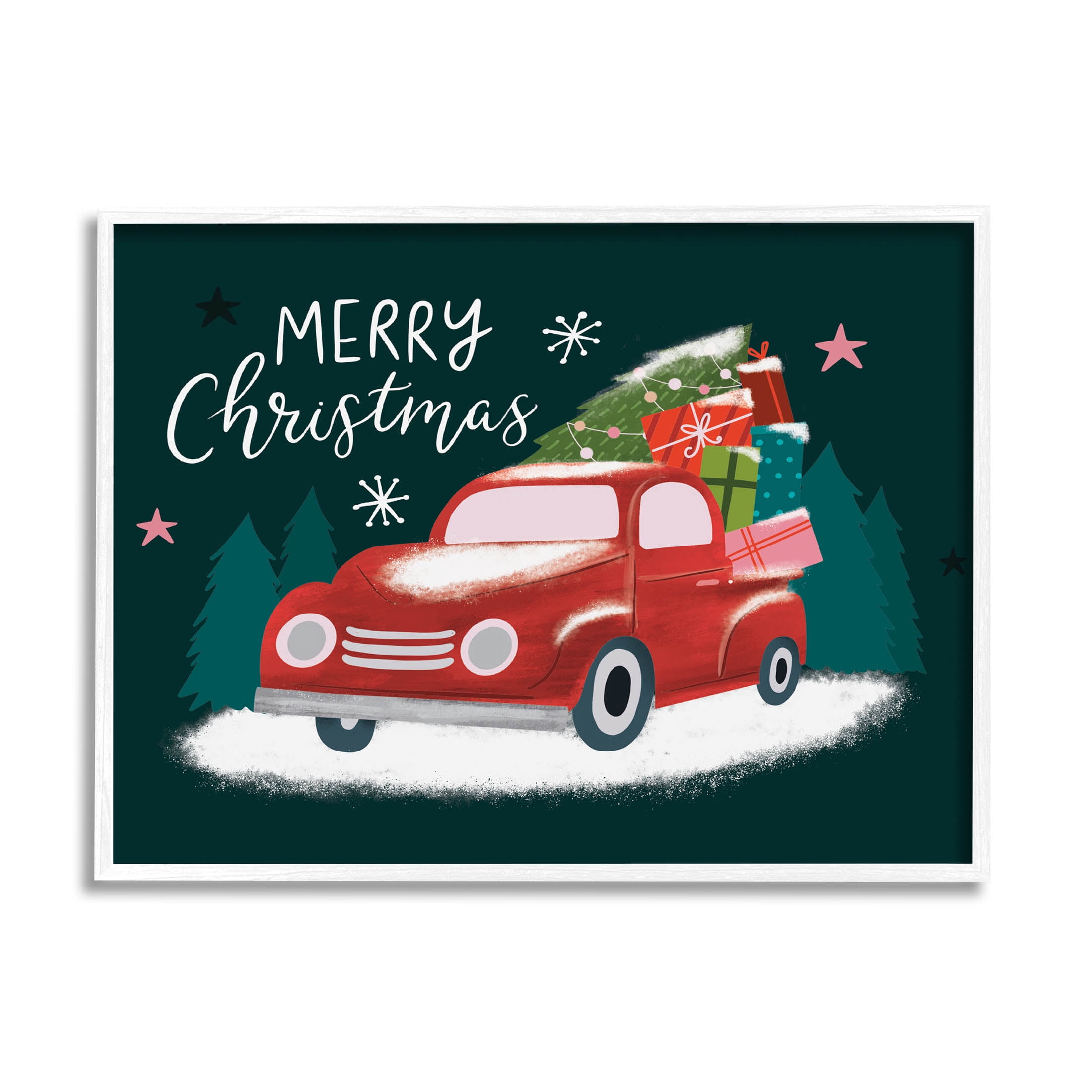 Merry Christmas Gifts Truckload Holiday Graphic Art White Framed Art Print Wall Art