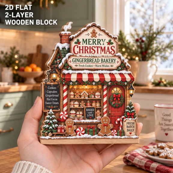 Merry Christmas Gingerbread Bakery Wooden Block for Holiday Tabletop Decor