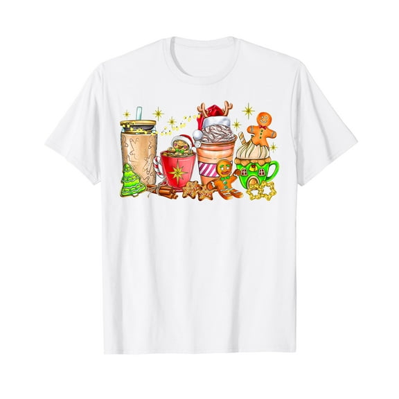 Merry Christmas Gingerbread Cookie Coffee Cups Latte Drink T-Shirt White Tee