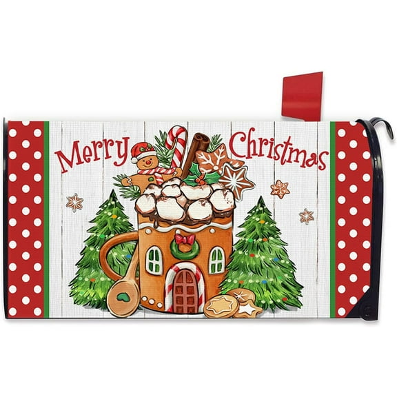 Merry Christmas Gingerbread House Mailbox Cover Magnetic Standard Size 21"x19", Xmas Tree Cookie Polka Dots Decorative Post Letter Box Decor, Winter Holiday Farmhouse Garden Outdoor Decoration