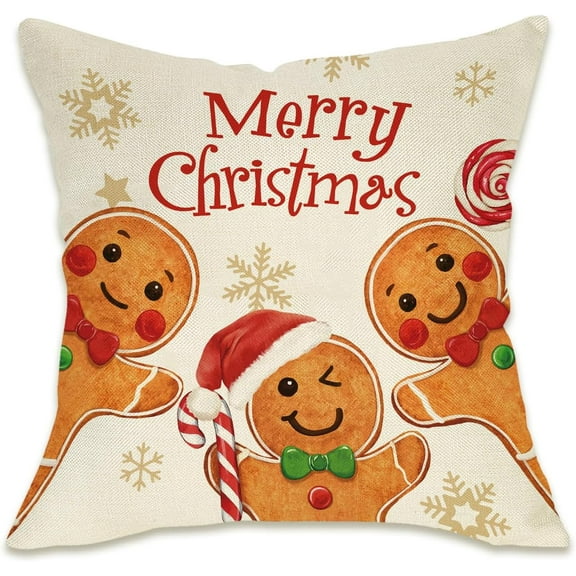 Merry Christmas Gingerbread Man Decorative Throw Pillow Cover 16 x 16, Xmas Snowflake Porch Patio Outdoor Pillowcase, Funny Winter Holiday Sofa Couch Cushion Case Home Decor