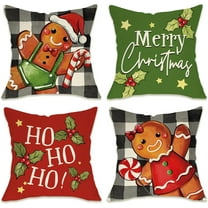 Merry Christmas Gingerbread Man Decorative Throw Pillow Covers 18x18 Set of 4, Xmas HOHOHO Winter Holiday Porch Patio Outdoor Pillowcase Buffalo Plaid Check Farmhouse Cushion Case Home Decor