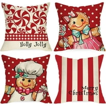 Merry Christmas Gingerbread Man Decorative Throw Pillow Covers 18x18 Set of 4, Xmas Peppermint Candy Polka Dot Stripe Red Cushion Case Decor, Holly Jolly Winter Holiday Home Decoration for Sofa