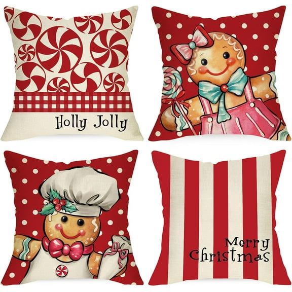 Merry Christmas Gingerbread Man Decorative Throw Pillow Covers 18x18 Set of 4, Xmas Peppermint Candy Polka Dot Stripe Red Cushion Case Decor, Holly Jolly Winter Holiday Home Decoration for Sofa