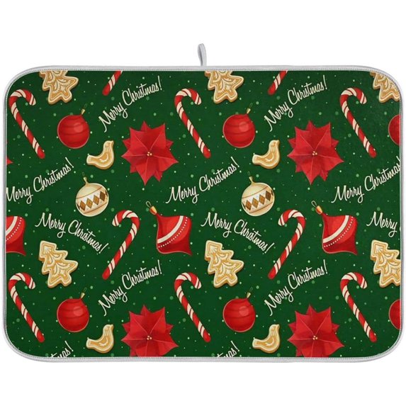 Merry Christmas Gingerbread Man Dish Drying Mat for Kitchen Xmas Bells Candy Cane Poinsettia Winter Microfiber Drying Mats Absorbent Reversible Dish Pad Medium Dish Draining Mat 16x18 inch