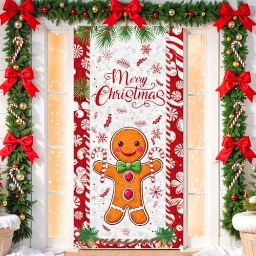 Merry Christmas Gingerbread Man Front Door Decorations Banner - Christmas Gingerbread House Peppermint Candy Cane Door Cover Banner for Xmas New Year Holiday Candy Party Supplies