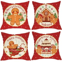 Merry Christmas Gingerbread Man House Decorative Throw Pillow Cover 18x18 Set of 4, Xmas Red Polka Dot Coffee Welcome Home Decorations, Winter Happy Cushion Case Decor for Sofa Couch