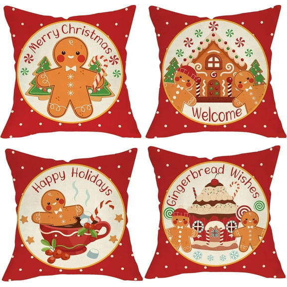 Merry Christmas Gingerbread Man House Decorative Throw Pillow Cover 18x18 Set of 4, Xmas Red Polka Dot Coffee Welcome Home Decorations, Winter Happy Cushion Case Decor for Sofa Couch