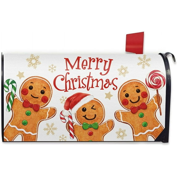 Merry Christmas Gingerbread Man Mailbox Cover Magnetic Standard Size 21" x 19", Xmas Peppermint Candy Decorative Post Letter Box Wrap Decor, Funny Winter Holiday Garden Yard Outdoor Decoration