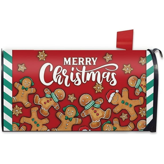 Merry Christmas Gingerbread Man Mailbox Cover Magnetic Standard Size 21x18inch, Red Xmas Decorative Post Letter Box Wrap Decor, Funny Holiday Garden Yard Outdoor Decoration