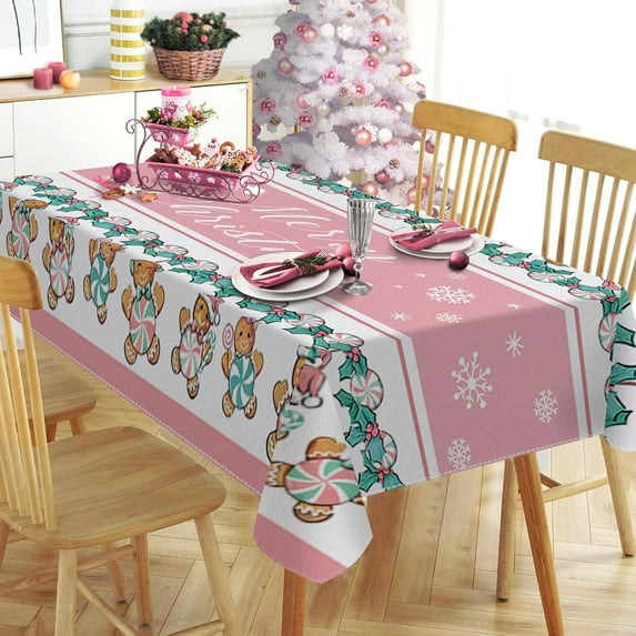 Merry Christmas Gingerbread Man Rectangle Tablecloth 60 x 84 Inch, Pink Xmas Peppermint Candy Decorative Table Cloth Dining Table Cover, Winter Snowflake Holiday Dinner Party Picnic Decoration