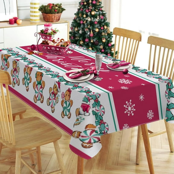 Merry Christmas Gingerbread Man Rectangle Tablecloth 60 x 84 Inch, Xmas Peppermint Candy Decorative Table Cloth Dining Table Cover, Winter Snowflake Holiday Dinner Party Picnic Decoration