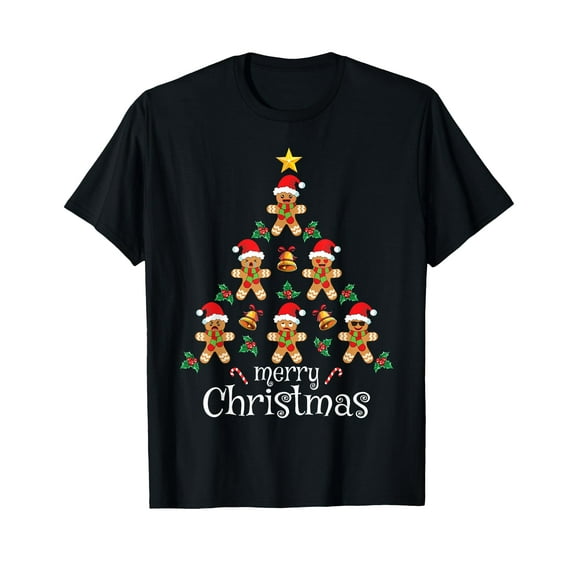 Merry Christmas Gingerbread Man Tree Funny Cute Christmas T-Shirt,Women's short-sleeved T-shirt to celebrate the coming of Christmas