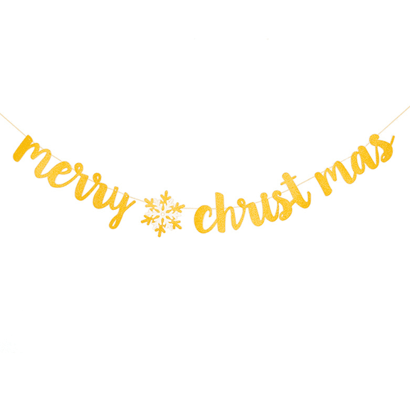 Merry Christmas Glitter Banner, Gold, Snowflake Accent, Holiday Party Decoration