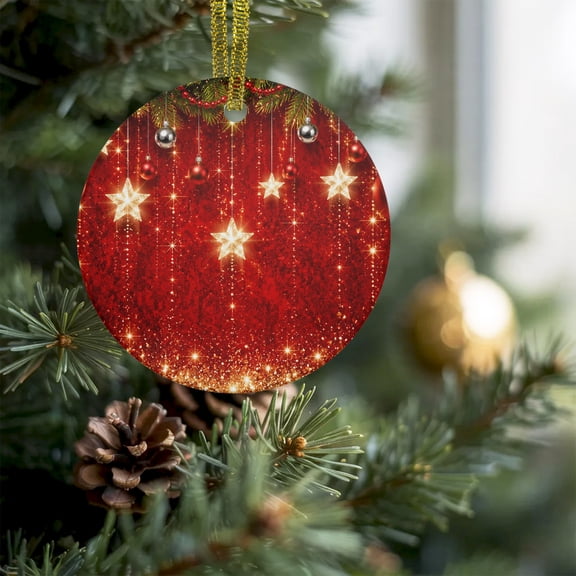 Merry Christmas Glowing Stars Baubles Christmas Ceramic Ornament 2026,3" Round Xmas Tree Hanging Accessories with Gold Ribbon,Pine Needle Red Beads Pendant Ornaments for Holiday Gift Home Party Decor