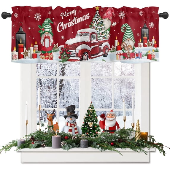 Merry Christmas Gnome Curtain Valance for Kitchen Windows,Red Farm Truck Rod Pocket Valances Window Toppers,Xmas Tree Gift Short Curtains for Bathroom Bedroom