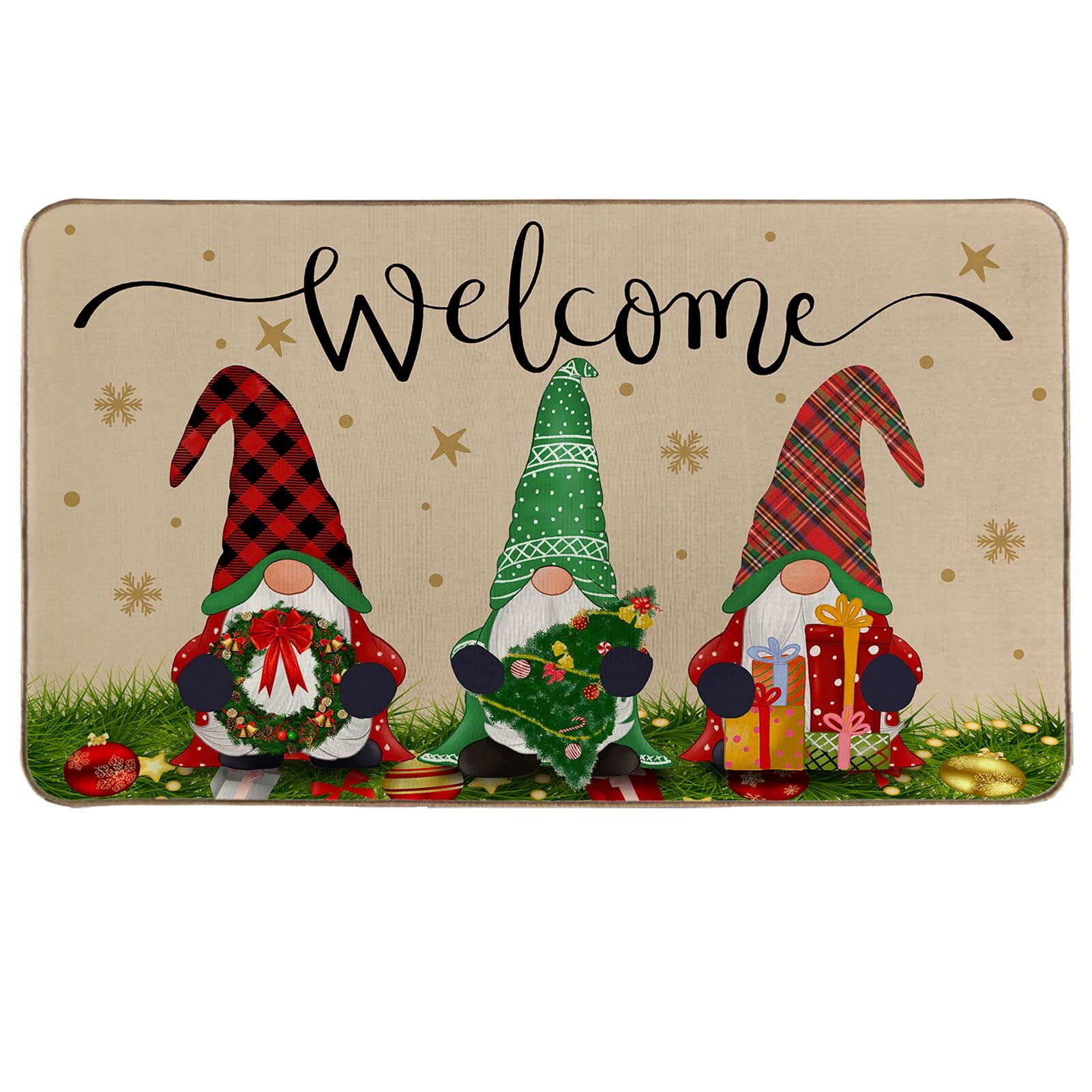Merry Christmas Front Door Mat, PVC Leather Door Mats Outdoor/Indoor  Welcome Mat, Xmas Gnomes Balls Winter Snowflake Rustic Floor Mats Non-Slip