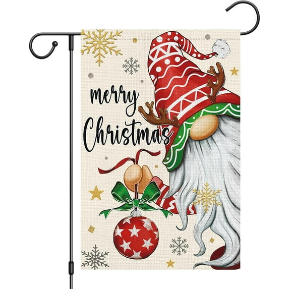 Merry Christmas Gnome Garden Flag 12.5x18 Double Sided Burlap, Christmas Ball Snowflake Garden Yard Flags for Winter Holiday Xmas Yard Outdoor Decoration(ONLY FLAG)