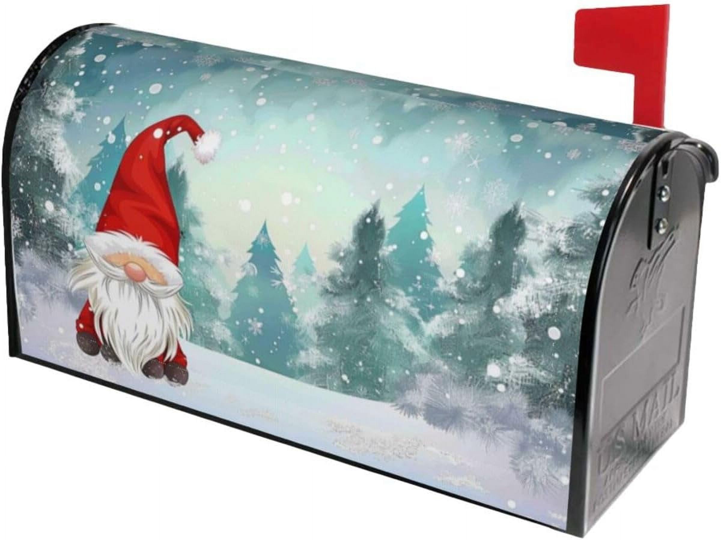 Merry Christmas Gnome Standing Snowfall Mailbox Covers Magnetic Winter Snow Snowflake White World Post Box Cover Wraps Large Size 25.5x21 in Inches for Garden Yard Décor