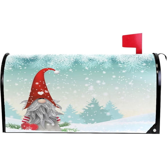 Merry Christmas Gnome Standing Snowfall Mailbox Covers Standard Size Winter Snow Snowflake White World Christmas Tree Magnetic Mail Wraps Cover Letter Post Box 21" Lx 18" W