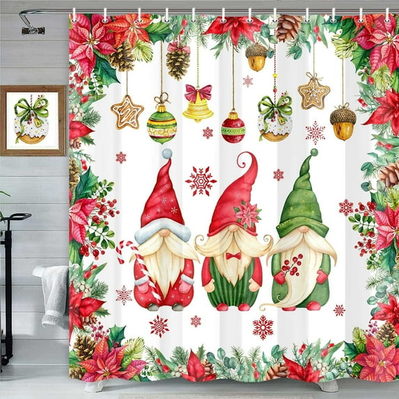 Merry Christmas Gnomes Shower Curtain, Winter Watercolor Flowers Pine Leaves Ball Holiday Decor Bathroom Curtain, Xmas Snowflake Accessories Set Curtains with Hooks, 69X72in