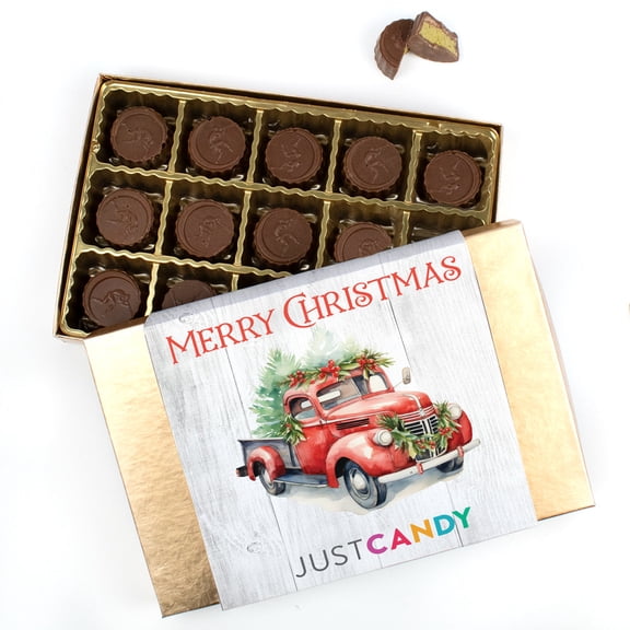 Merry Christmas Gold Gift Box Filled With 15 Dubai Chocolate Truffles - Red Truck
