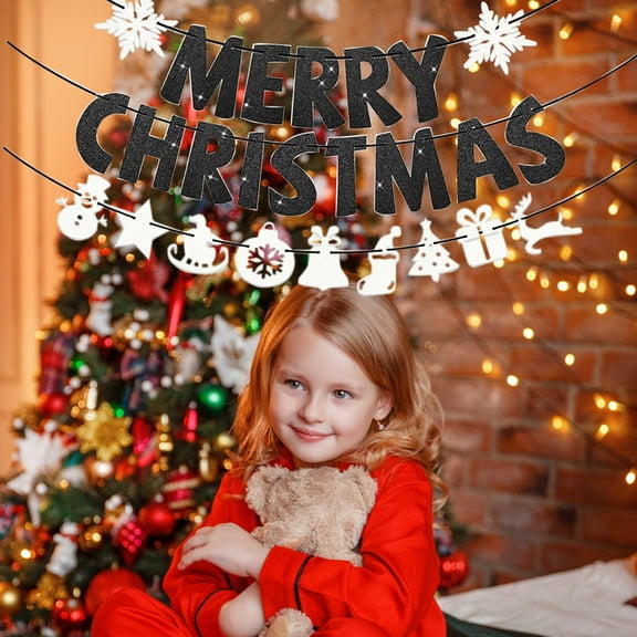 Merry Christmas Gold Glitter Paper Letter Banners - Festive Pull Flower Flag Decorations for Christmas Party, Sparkling Gold Banner for Home Office Party, Holiday Celebration Decor