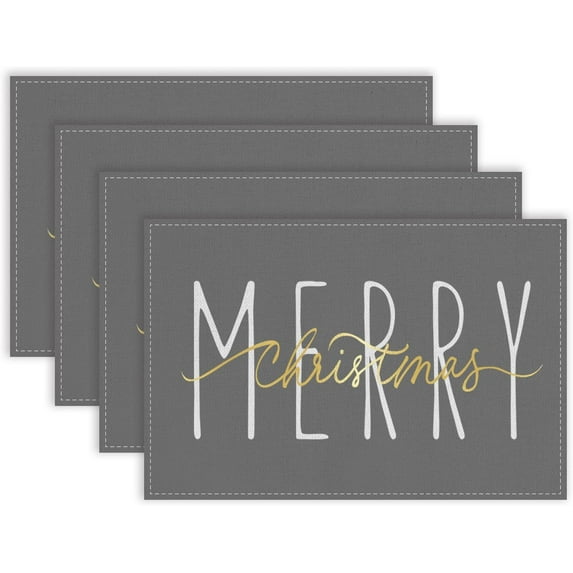 Merry Christmas Gold Placemats 12x18 Inch Set of 4 Xmas Winter Holiday Place Mats for Home Party Kitchen Dining Table Decorations Grey