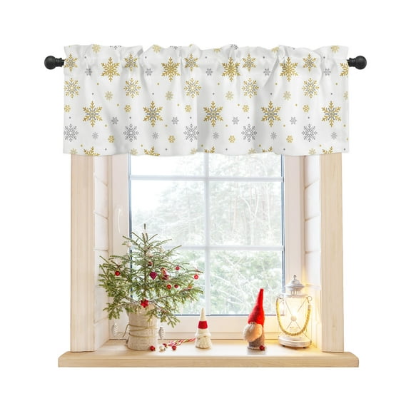 Merry Christmas Gold Snowflake Seamless Window Valances for Kitchen,Rod Pocket Valance Privacy Small Curtain,Winter Gray Snow on White Window Treatment Drapes for Bedroom Laundry Room 54x18in