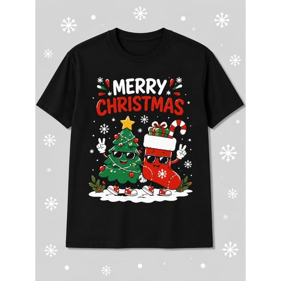 Merry Christmas Graphic T-Shirt, Funny Sunglasses Christmas Tree Stocking Holiday Casual Short Sleeve Tee