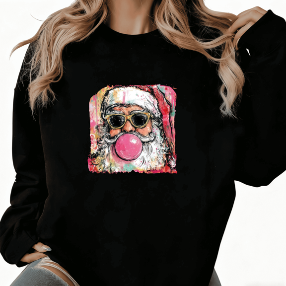 Merry Christmas Graphic Tee T-Shirt Cool Santa Bubble Gum Print Top Round-neck long-sleeved Black S-3XL